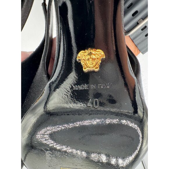 Versace Crystal Medusa Black Satin Slingback Pumps - Picture 9 of 10